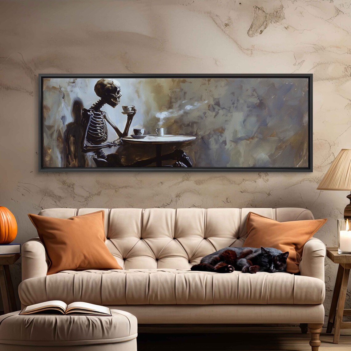 Skeleton with Tea, Whimsical Halloween Art Print