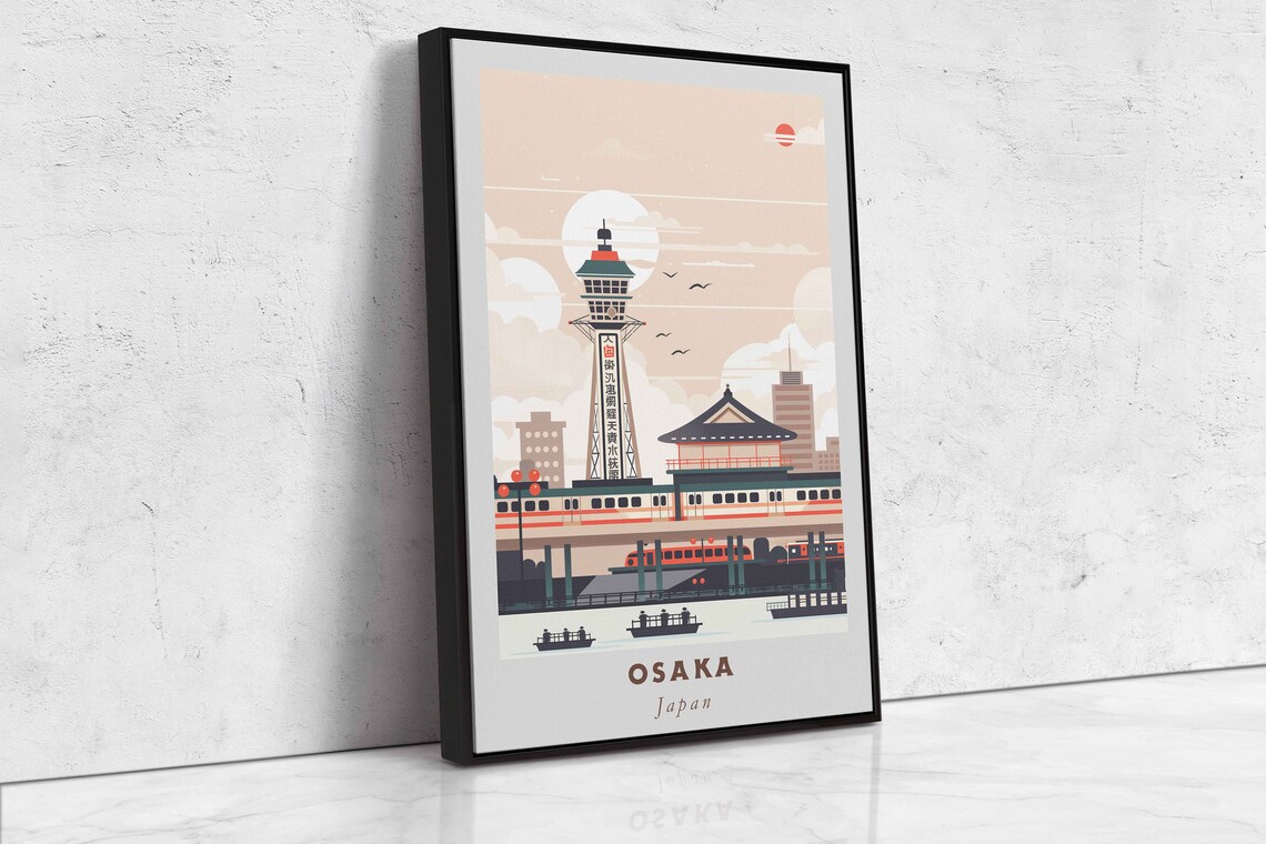Osaka Japan Tsutenkaku Tower Train Retro Cityscape Travel Poster - Image 2