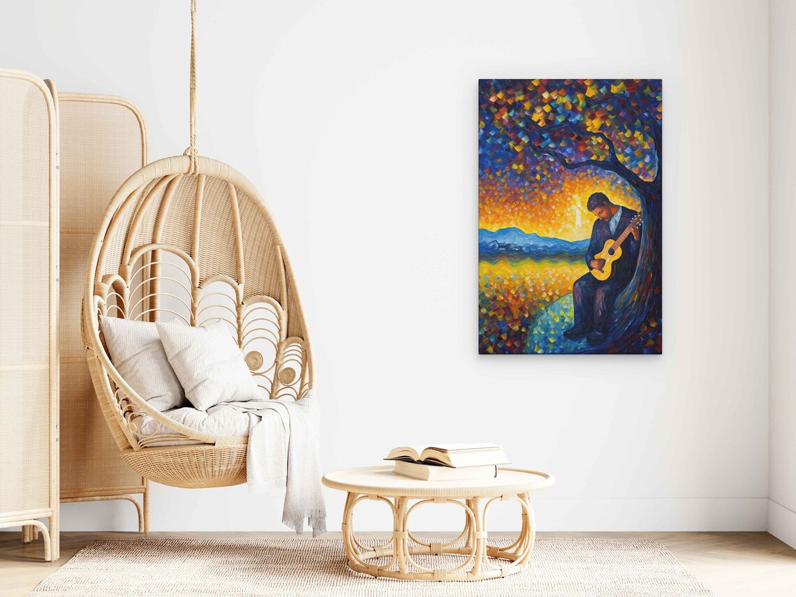 Guitar Man Playing Acoustic Guitar Under Mosaic Tree At Sunset Art Poster - Image 3