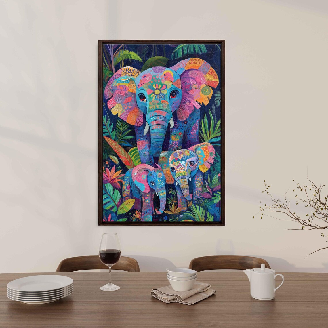 Mother Elephant Two Calves Colorful Patterned Jungle Night Art Print