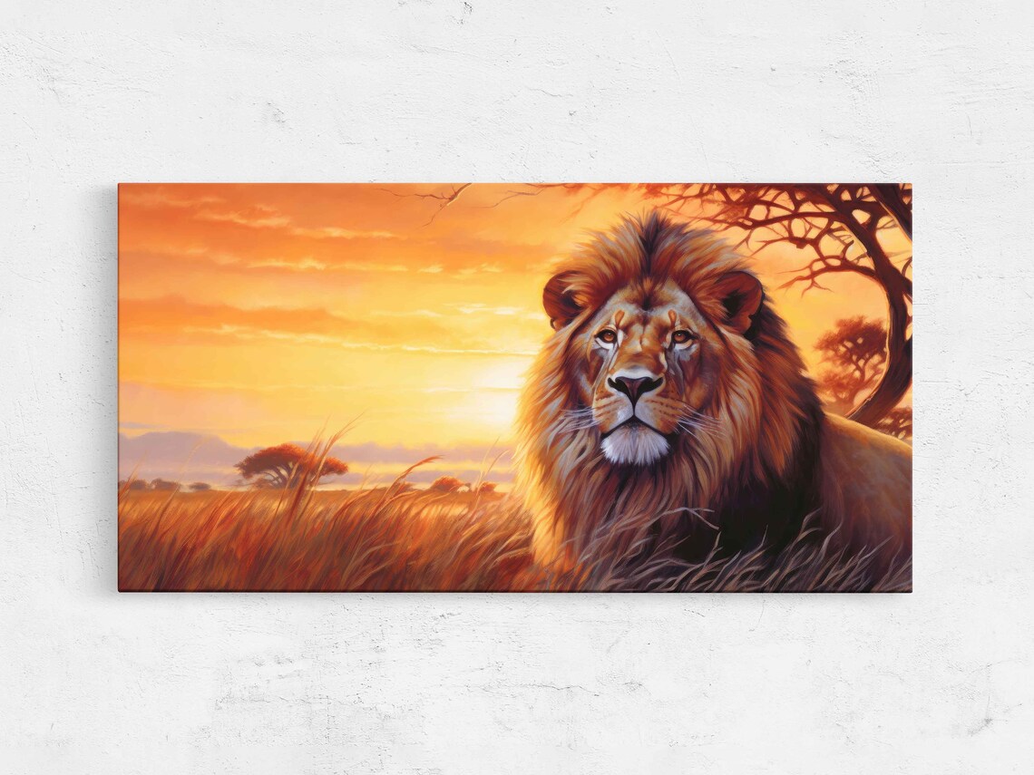 Male Lion Portrait Golden Grass Sunset Glow African Wildlife Wall Art