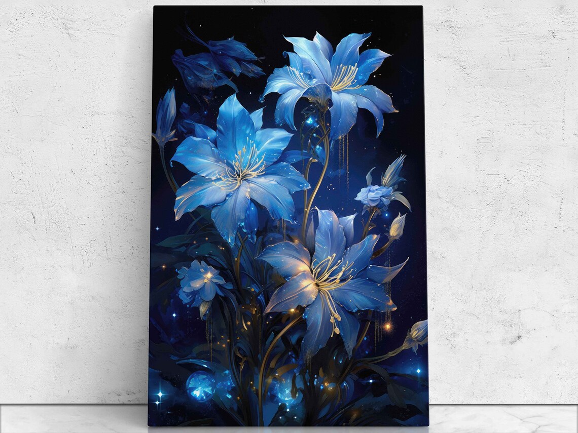 Glowing Blue Flowers Night Garden Fantasy Botanical Wall Art Print