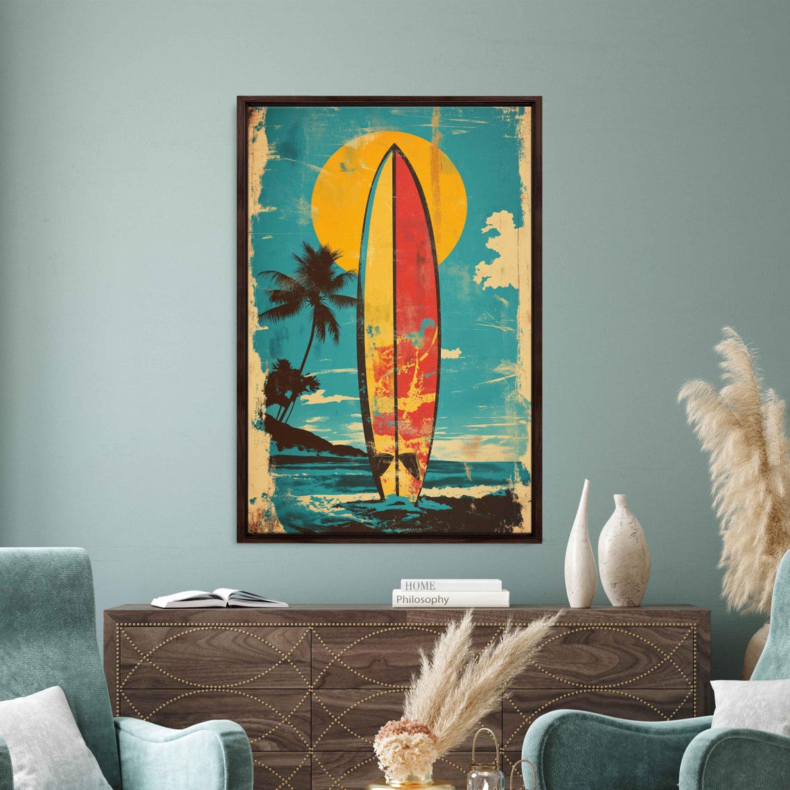 Vintage Surfboard Palm Trees Sunset Beach Retro Surf Art Poster - Image 3