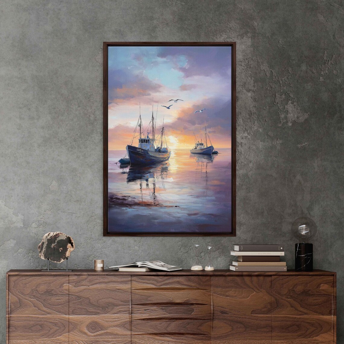 Fishing Boats Sunset Calm Harbor Water Reflection Pastel Sky Poster - Image 3