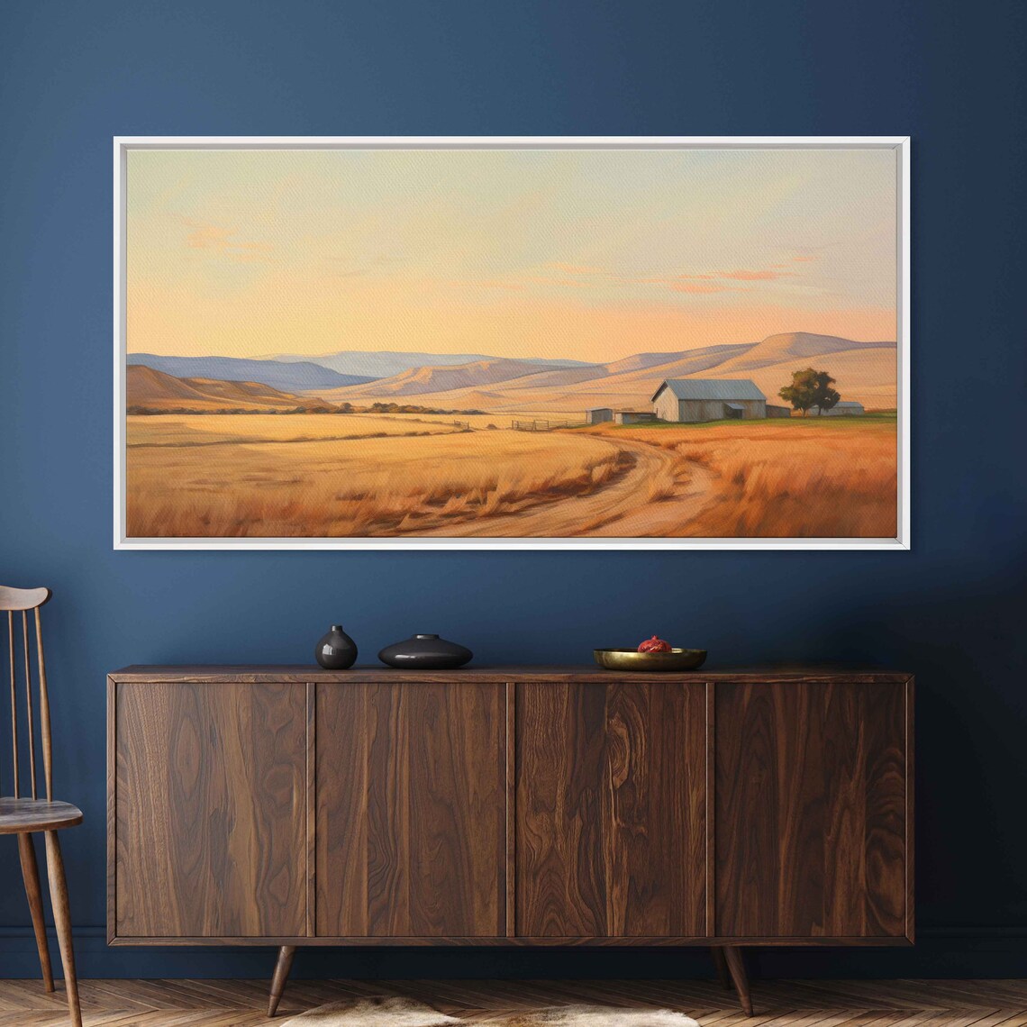 Minimalist Farm Painting Rustic Wall Art Open Field Mountain Range Framed Print Ready To Hang - Image 2