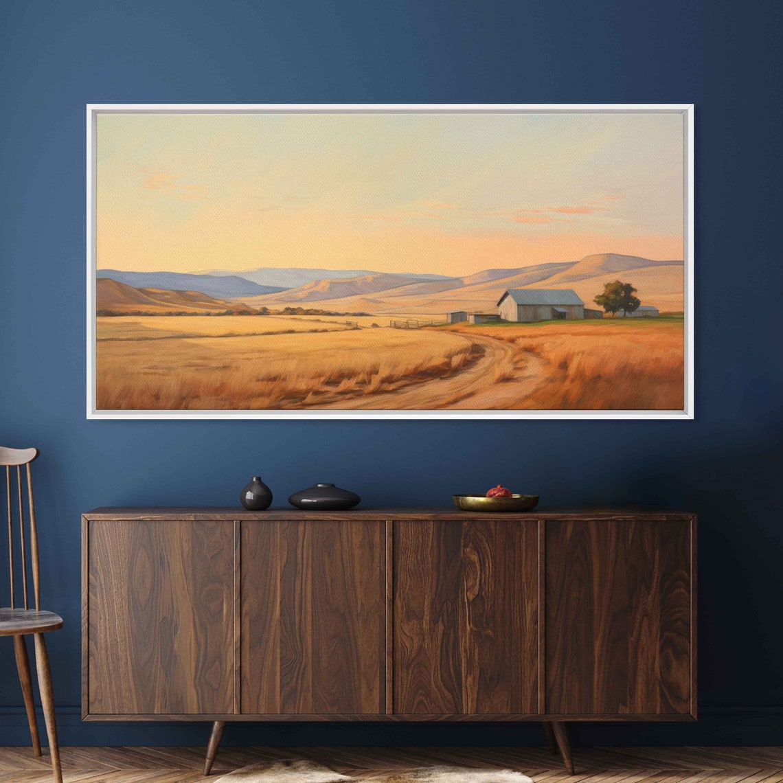 Minimalist Golden Farm Landscape With Barn Rolling Hills Sunset Poster - Image 2