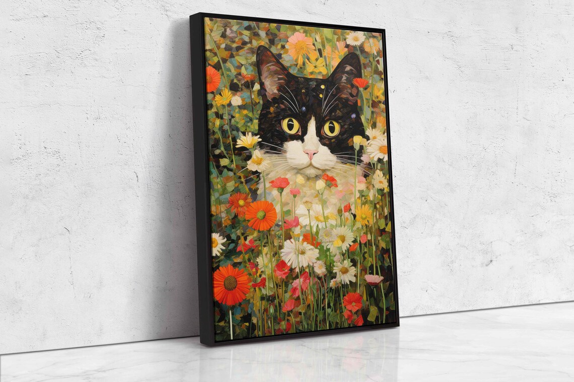 Black And White Garden Cat In Flowers Art Print - Image 4