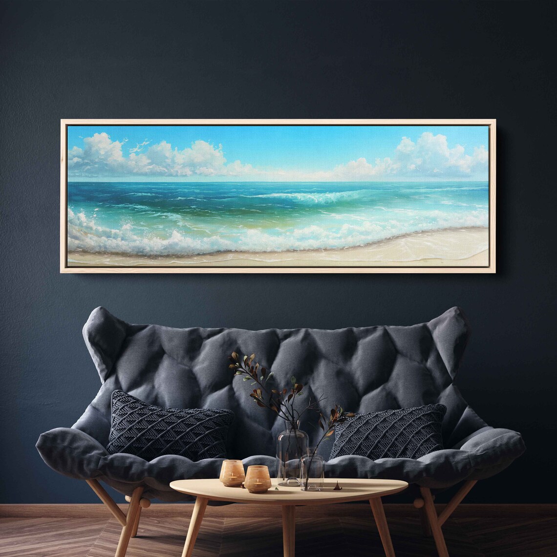Beautiful Beach Blue Waves Panoramic Oil Painting Cloudy Sky Ocean Poster - Image 2