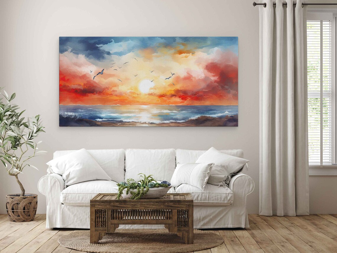 Beach Sunset Oil Painting Seagulls Flying Ocean Horizon Warm Sky Travel Poster - Image 3
