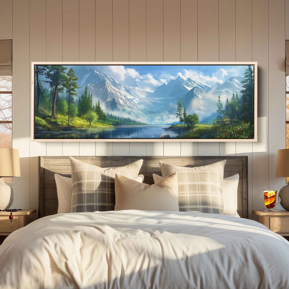 Alpine Snow Peak Lake View Tall Pines Birds Panoramic Mountain Art Poster - Image 2