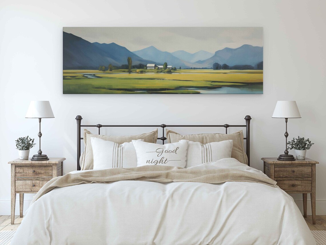 Panoramic Landscape Watercolor Field Wall Art Print Rural Farm Mountain Line Ready To Hang - Image 3