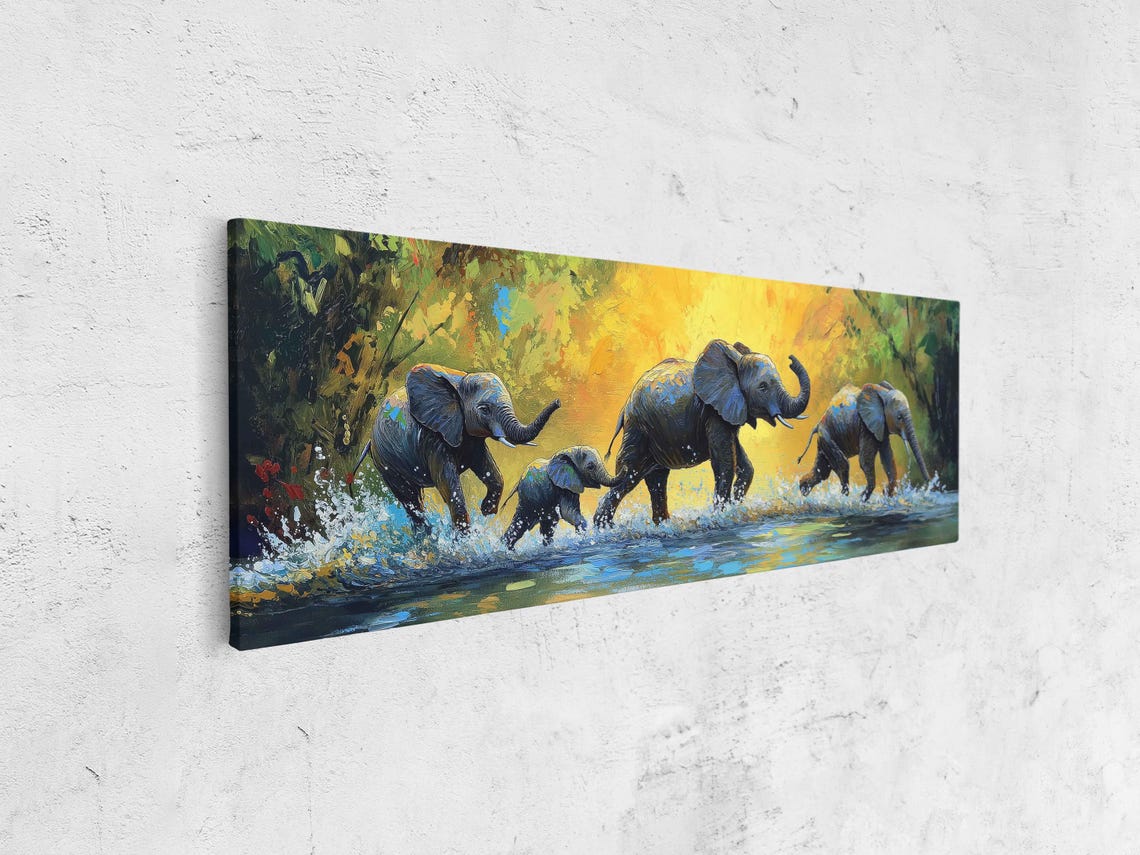 Elephant Family Crossing River Golden Sunset Wildlife Painting Poster - Image 4