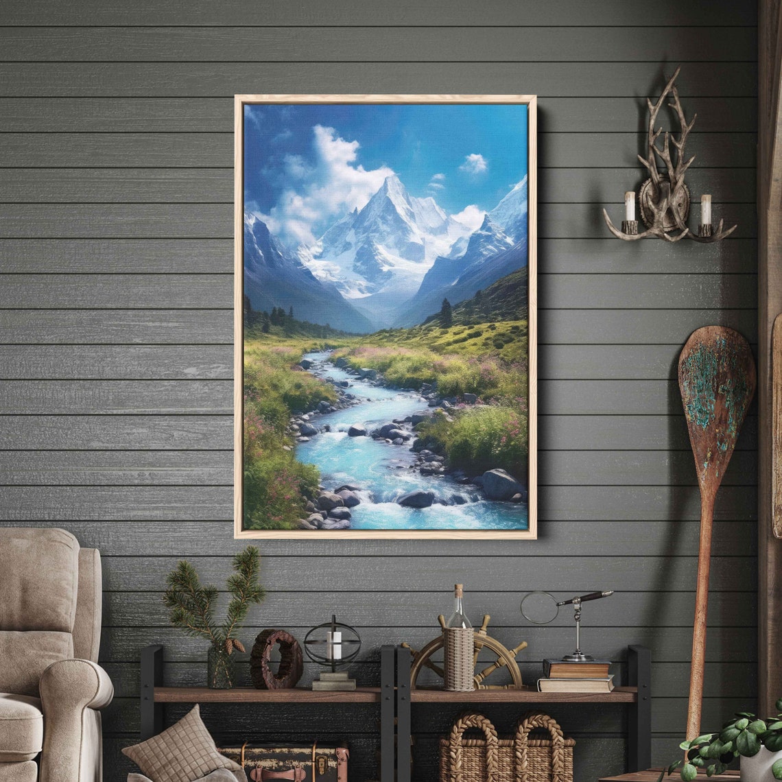 Snow Capped Peaks Winding River Green Valley Landscape Art Poster