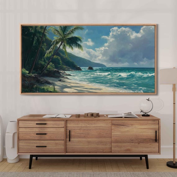 Tropical Ocean Landscape Wall Art Print Palm Trees Turquoise Waves Scenic Beach
