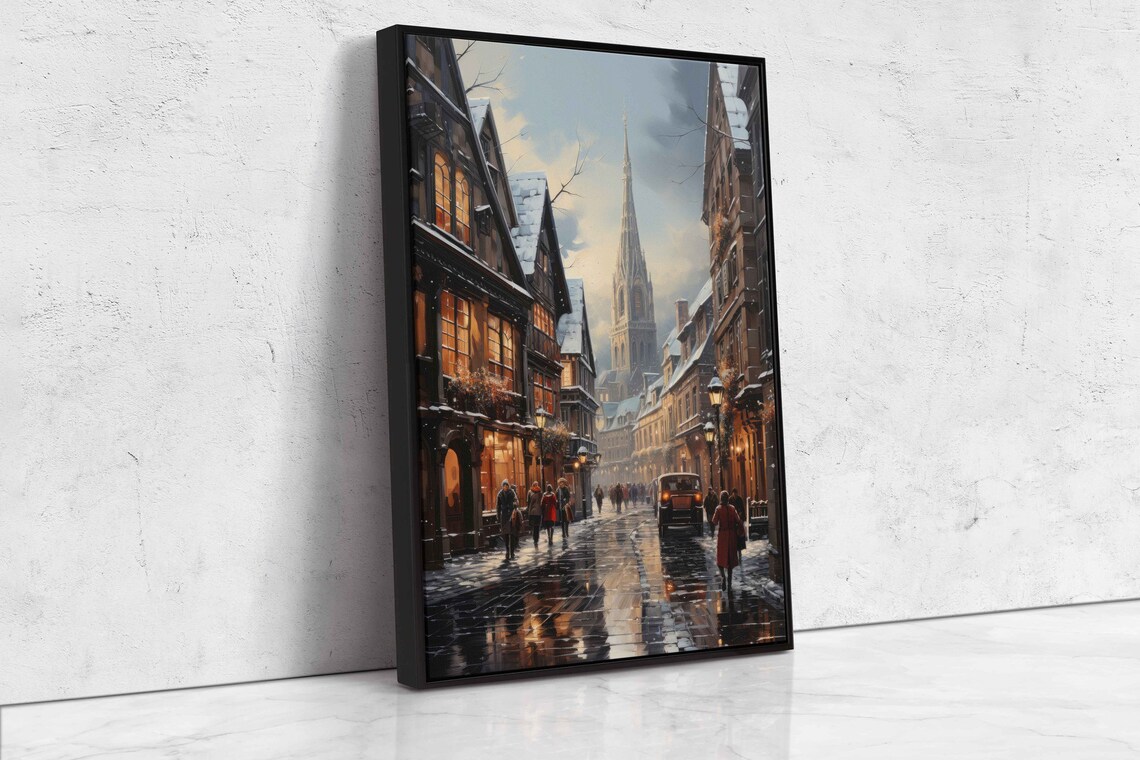 Snowy Bavarian Old Town Winter Street Church Spire Warm Lights Poster - Image 4