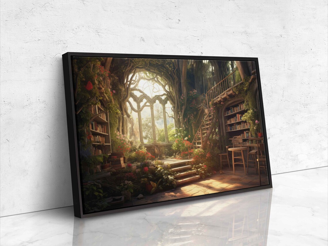 Magical Treehouse Library Staircase Bookshelf Wall Sunlit Fantasy Poster - Image 4