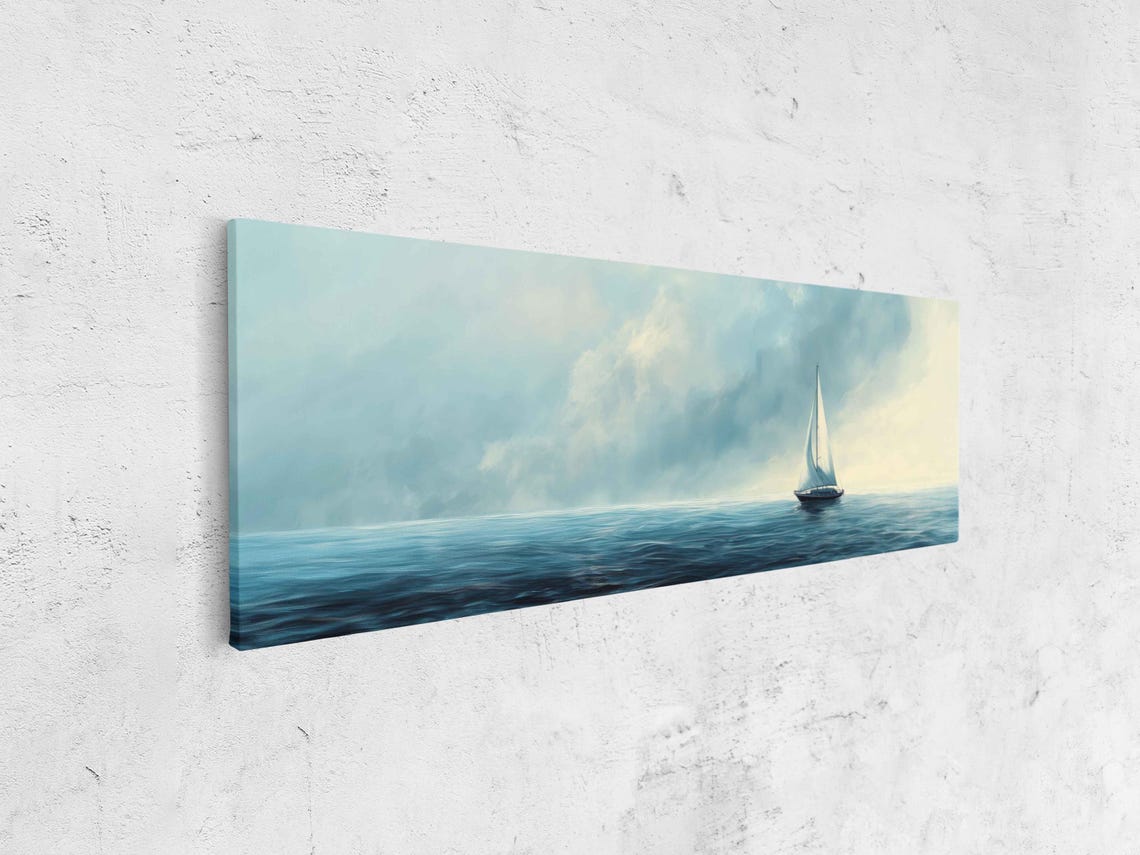 Tiny Sailboat On Vast Calm Sea Under Soft Hazy Morning Light Poster - Image 4
