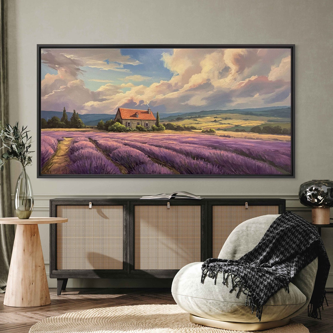 Lavender Field Country House Blooming Rows Sunset Sky Painting Poster - Image 3