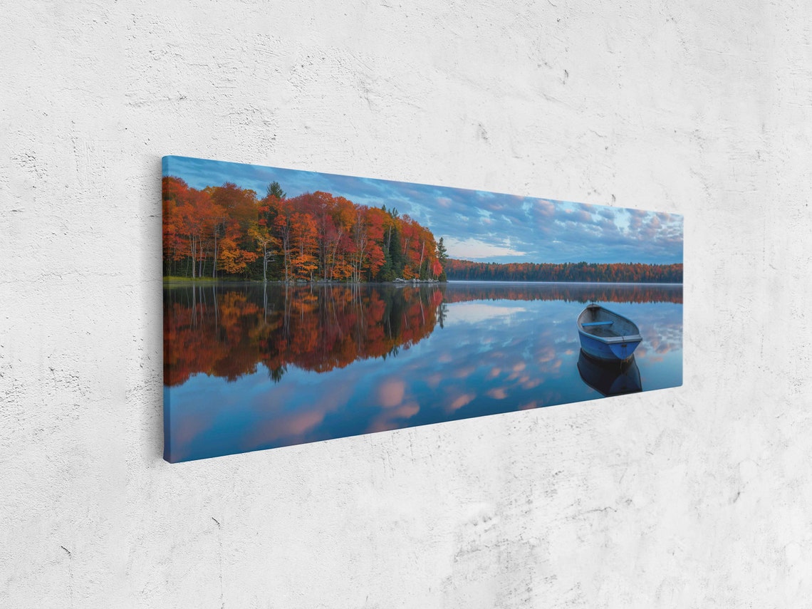 Lone Blue Rowboat Autumn Lake Mirror Reflection Fall Scenery Poster - Image 4