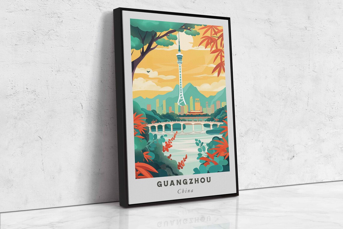 Guangzhou China Canton Tower River Bridge Sunrise Autumn Leaves Poster - Image 2