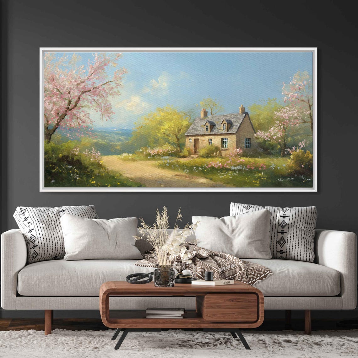 Stone Cottage In Spring Blossoms Panoramic Countryside Poster
