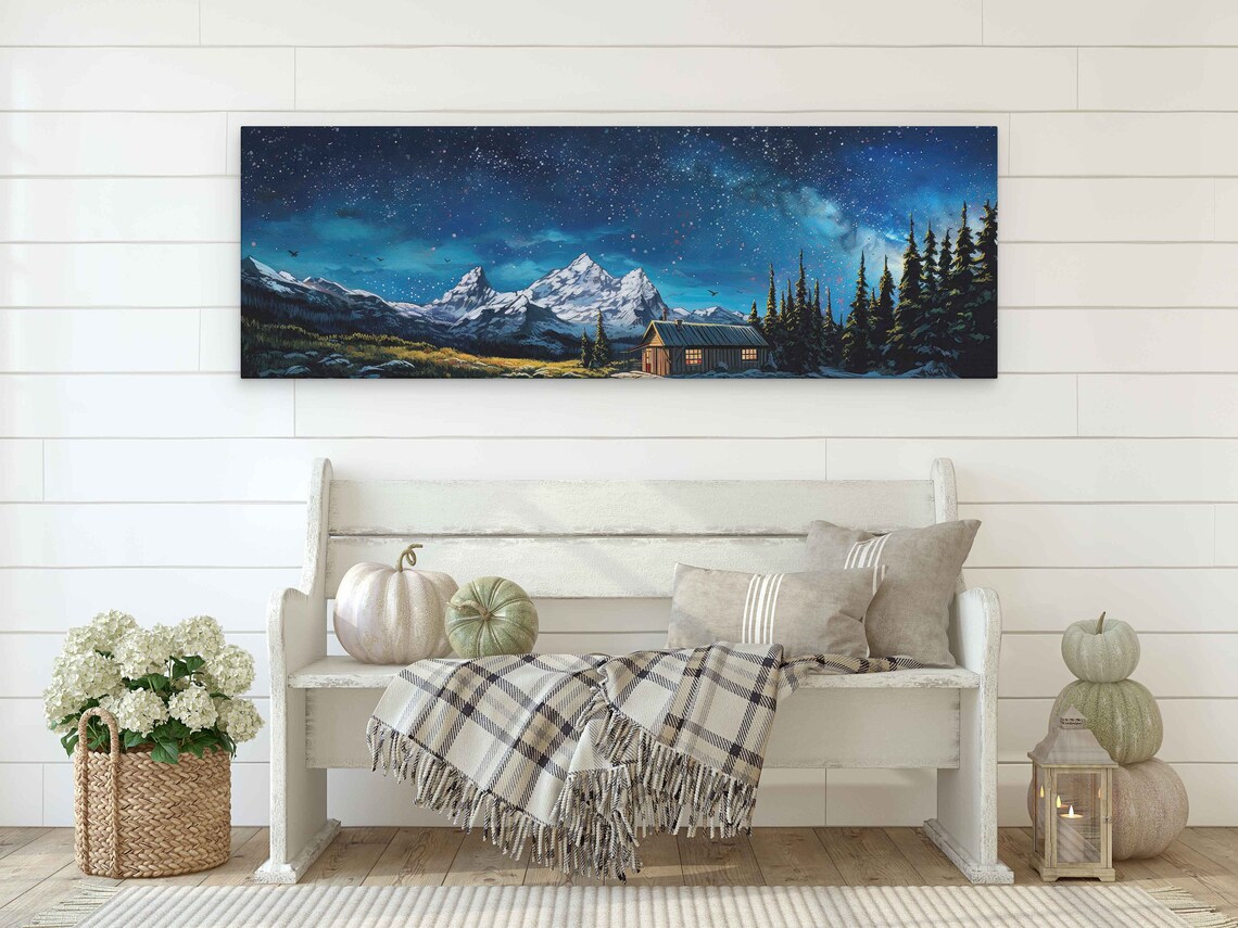 Panoramic Cabin Under Milky Way Night Sky Snowy Peaks Forest Wall Art - Image 2