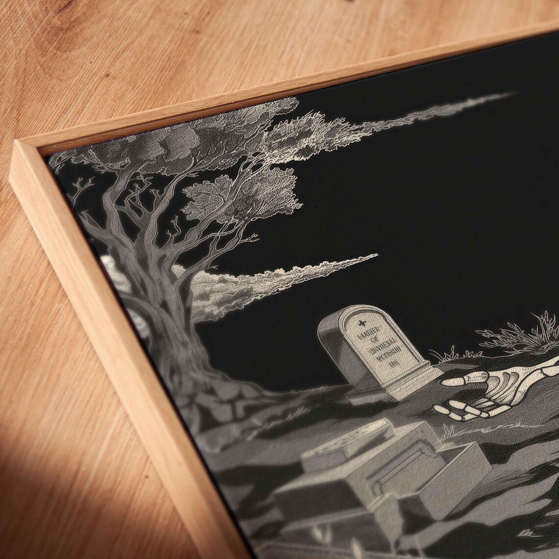 Skeleton Meditating in Moonlit Graveyard Whimsical Ink Art Halloween Poster - Image 2
