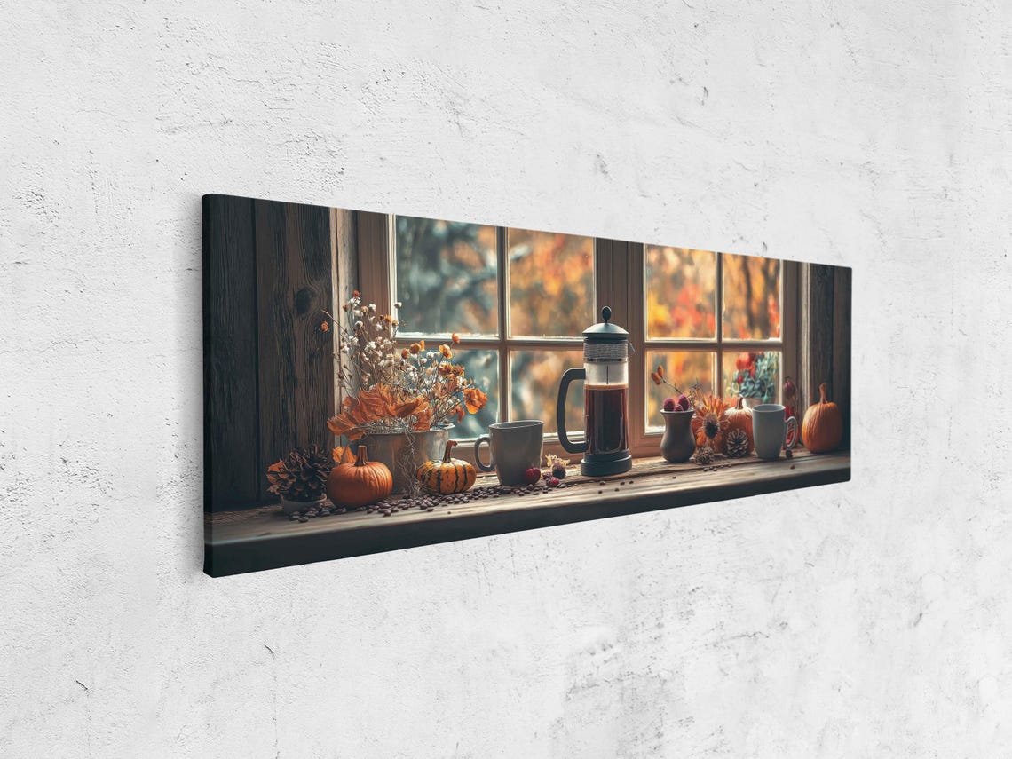 Cozy Coffee Window Sill Autumn Pumpkins French Press Fall Decor Poster - Image 4