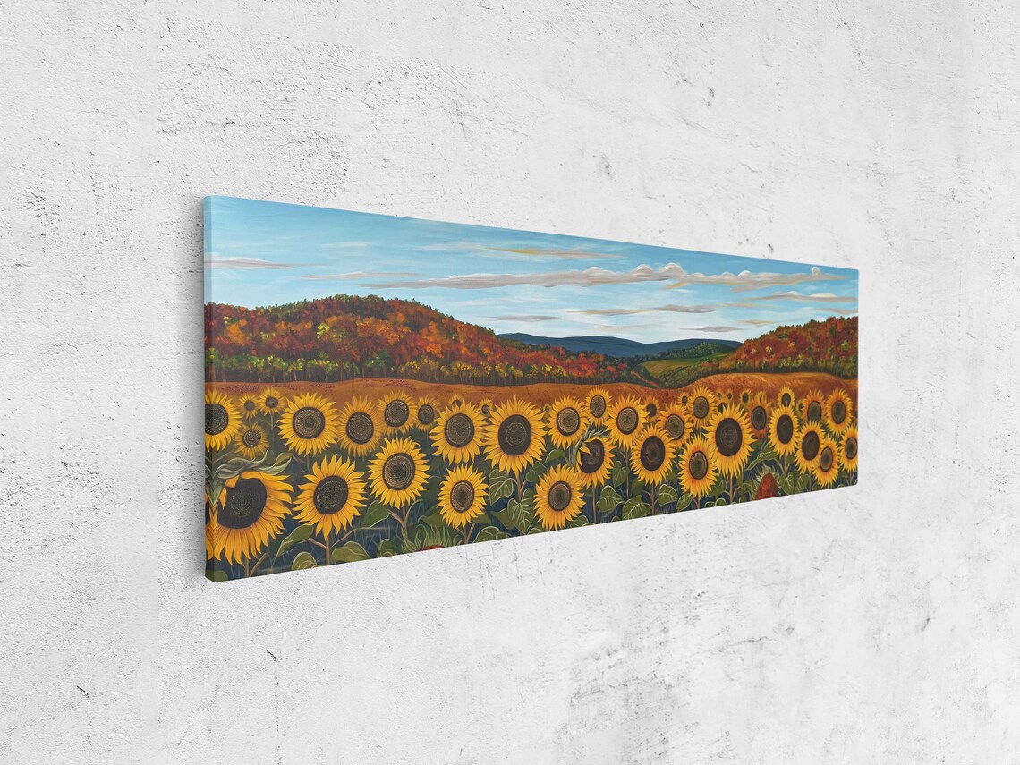 Sunflower Field With Autumn Trees And Mountain Hills Painting Poster - Image 4