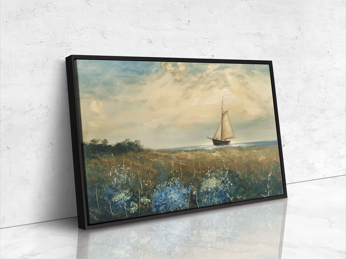 Sailboat On Sea Beyond Wildflower Field Vintage Style Landscape Painting Poster - Image 4
