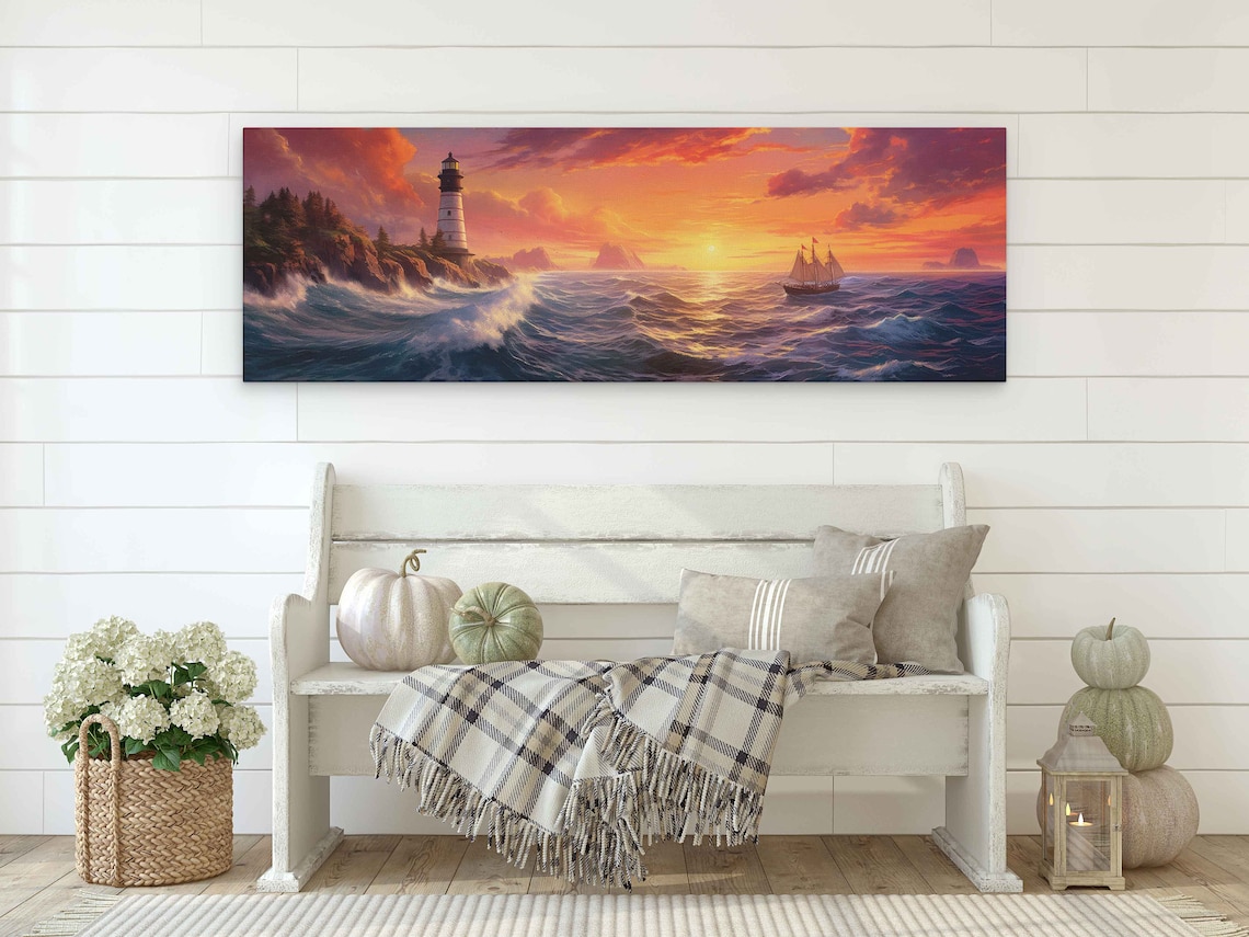 Lighthouse Seascape Oil Painting, Tropical Art Print - Image 2