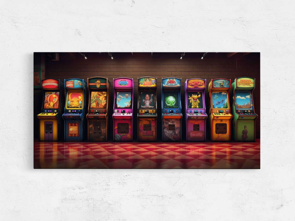 Retro Arcade Machines Row Panoramic Neon Game Room Wall Art Print