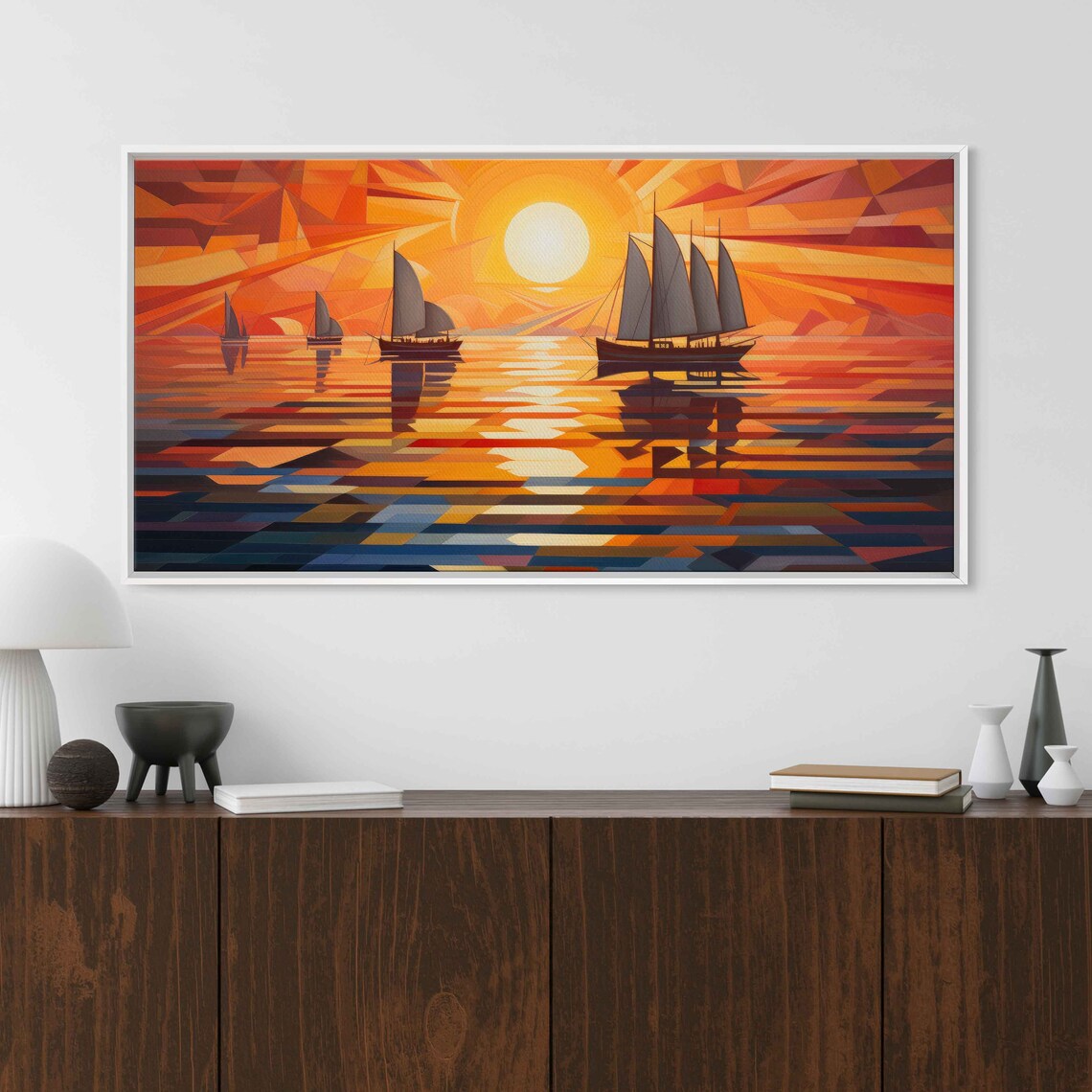 Geometric Art Deco Sailboats On Orange Sunset Sea Abstract Poster - Image 2