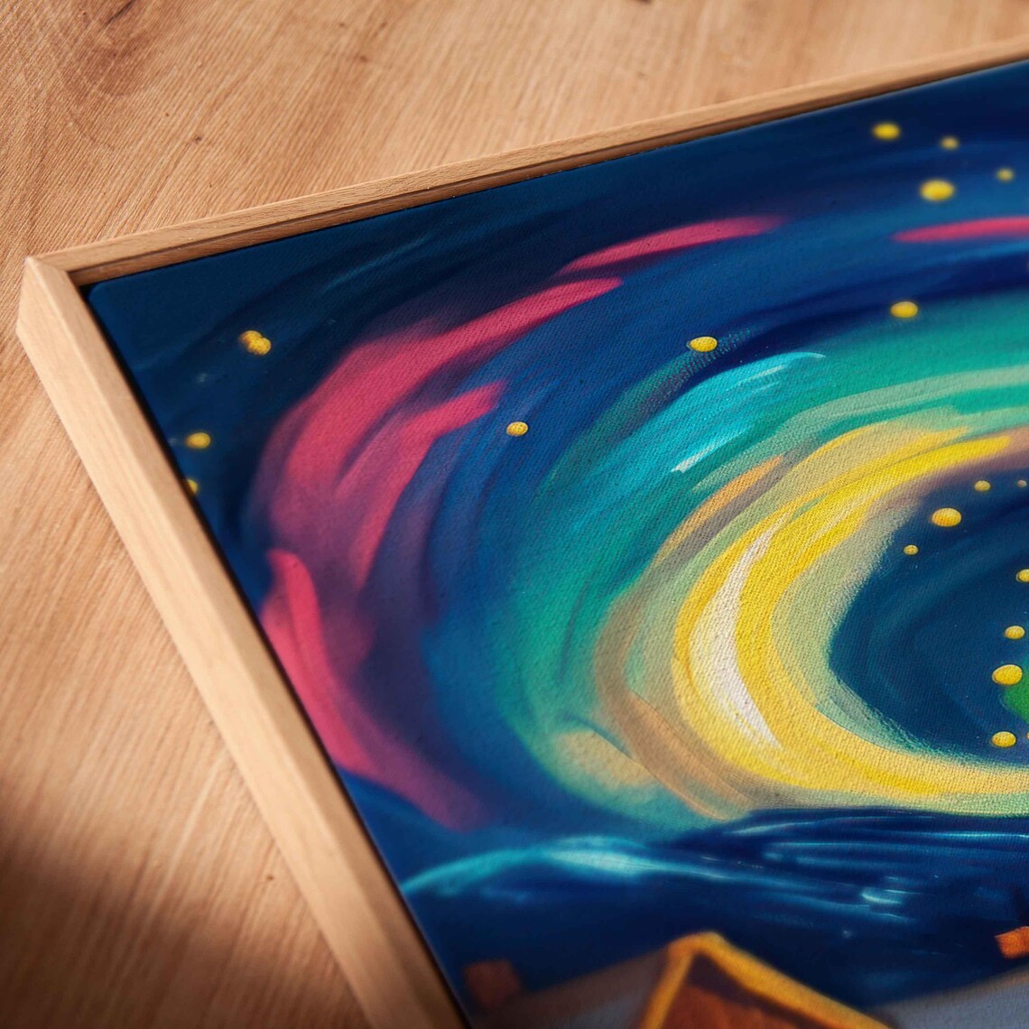 Colorful Swirling Aurora Over Cozy Village Cabins At Night Sky Poster - Image 2