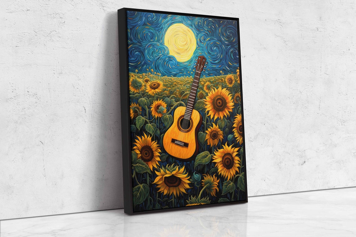 Classical Guitar in Sunflower Field Starry Night Music Art Poster - Image 4