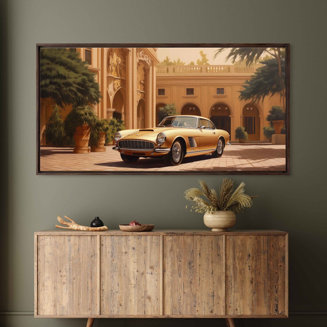 Classic Golden Vintage Coupe Italian Courtyard Automotive Art Poster