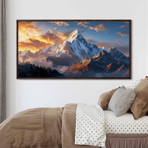 Himalayas Sunrise Wall Art Print Dramatic Oil Painting Snow Capped Peaks Azure Sky