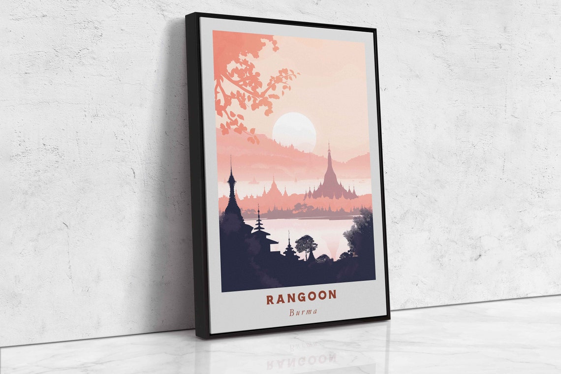 Rangoon Burma Shwedagon Pagoda Temple Sunset Retro Travel Poster - Image 2