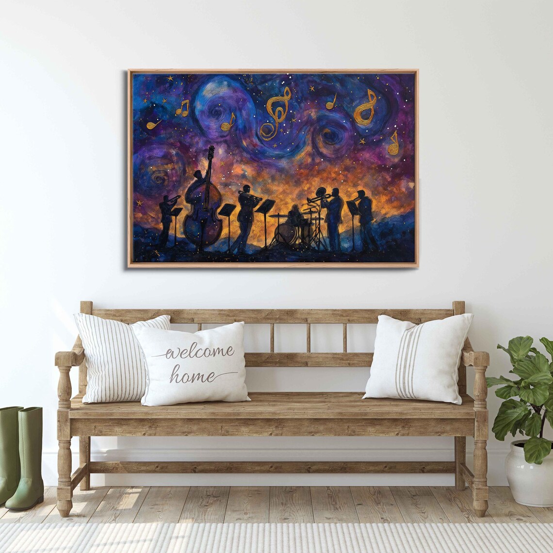 Jazz Band Under Starry Sky, Watercolor Style