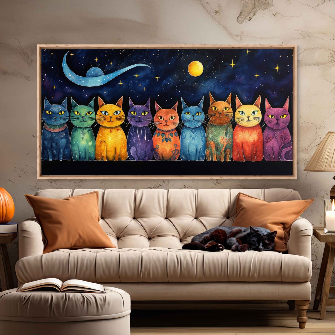 Whimsical Colorful Cats Crescent Moon Starry Night Panoramic Art Print - Image 3