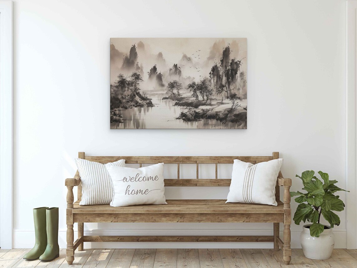 Chinese Ink Wash Mountain Landscape Misty River Birds Sepia Poster - Image 2