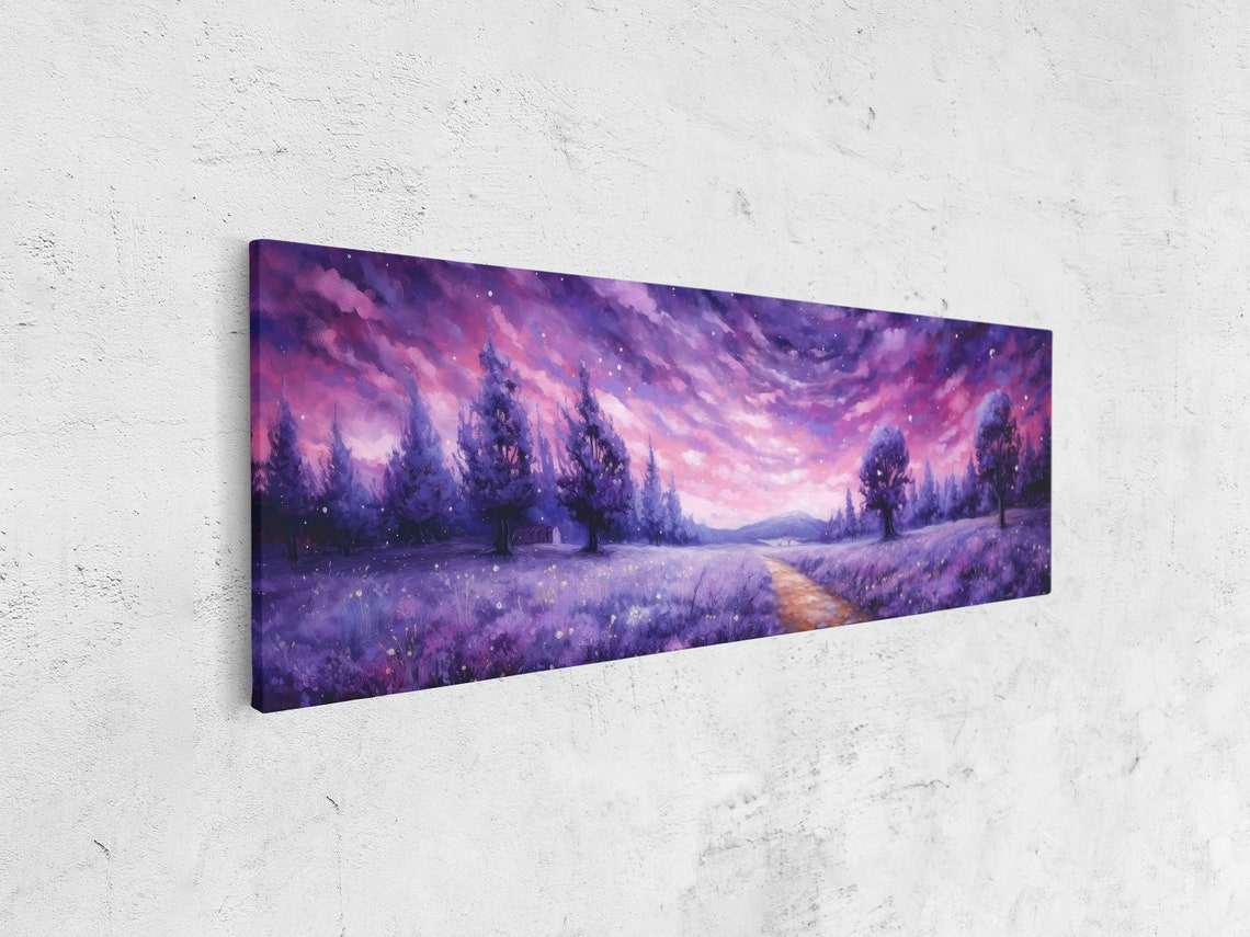 Lavender Field Pink Starry Night Sky Winding Path Panoramic Art Print - Image 4