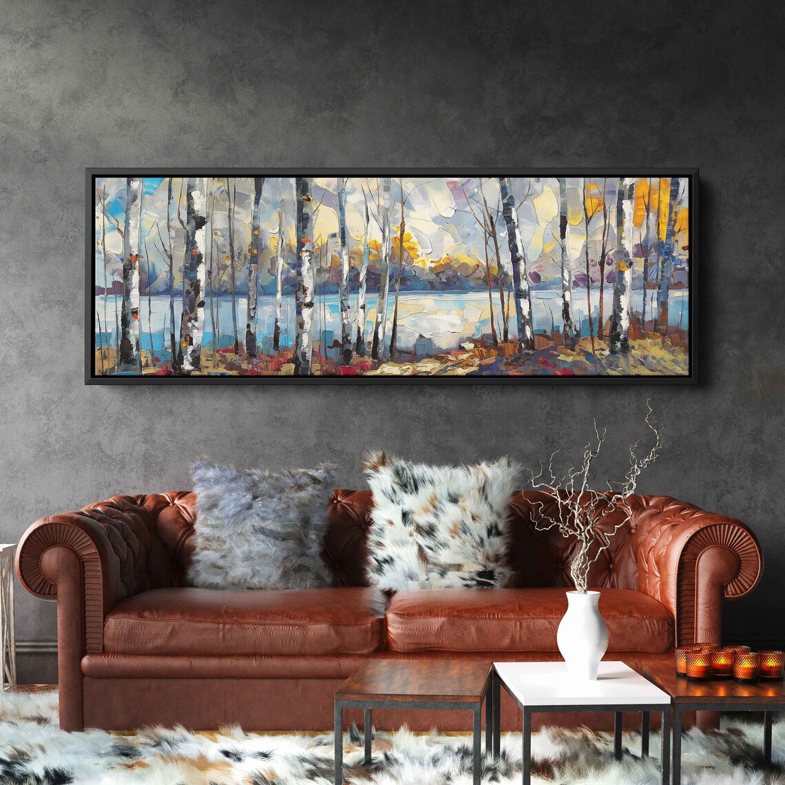Birch Trees Lined Up Panoramic Acrylic Wall Art Print Impressionist Art Tiny Branches Gift For Naturalist Ready To Hang