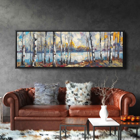 Birch Trees Lined Up Panoramic Acrylic Wall Art Print Impressionist Art Tiny Branches Gift For Naturalist Ready To Hang