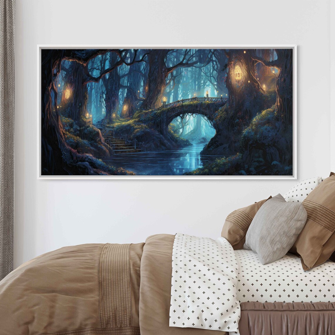 Enchanted Moonlit Forest Bridge Fantasy Art Print - Image 2