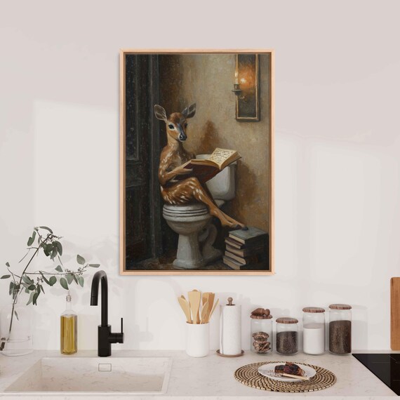 Deer Reading Open Book On Toilet Candlelit Vintage Bathroom Poster