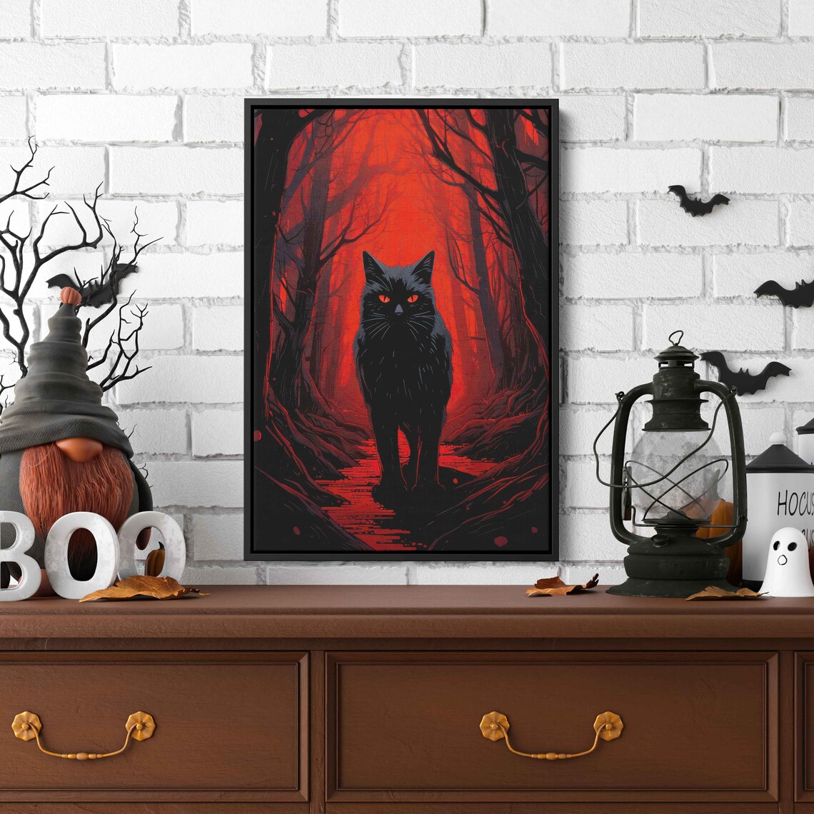 Black Cat Red Eyes In Blood Red Moonlit Forest Halloween Art Poster