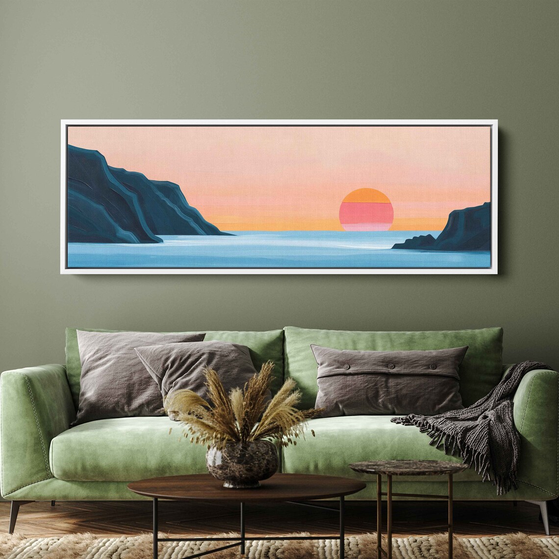 Minimalist Ocean Sunset Panoramic Pink Sun Blue Cliffs Calm Sea Art Poster - Image 2