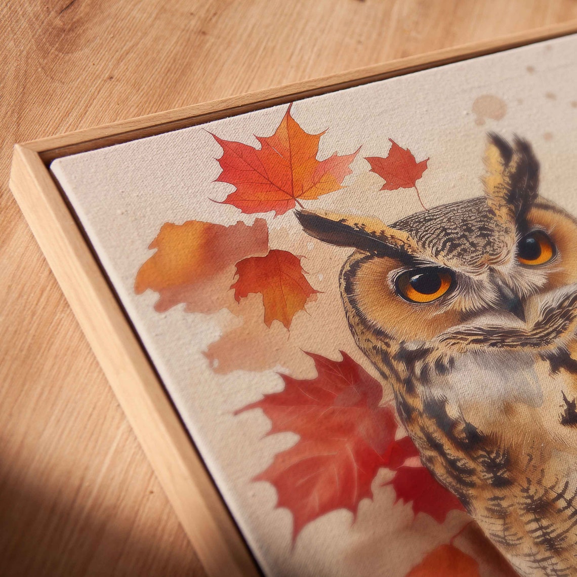 Great Horned Owl On Branch Surrounded By Red Autumn Leaves Poster - Image 2