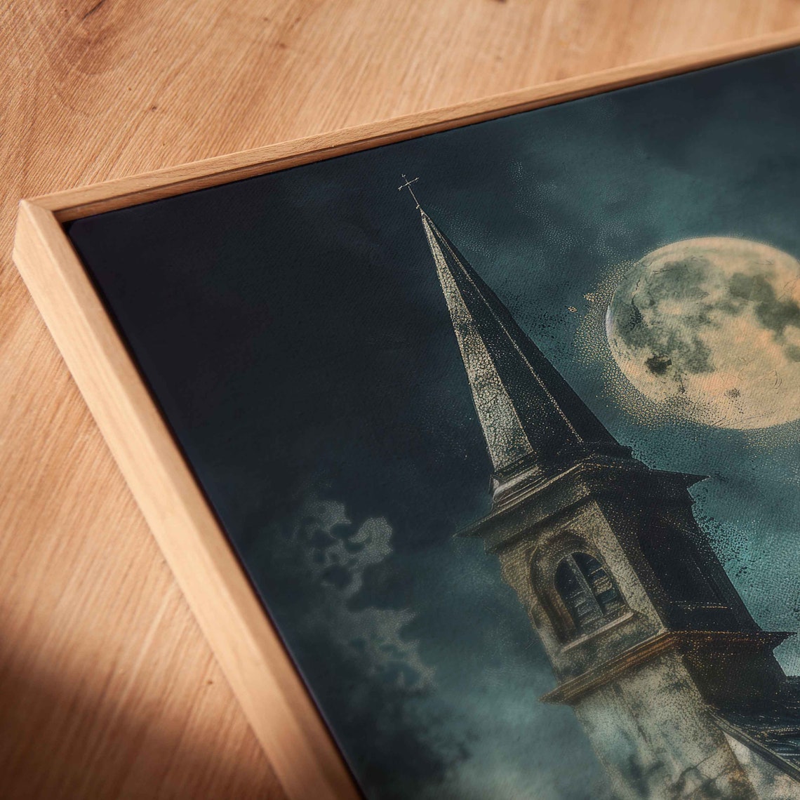 Eerie Abandoned Church Graveyard Full Moon Night Sky Halloween Print - Image 2